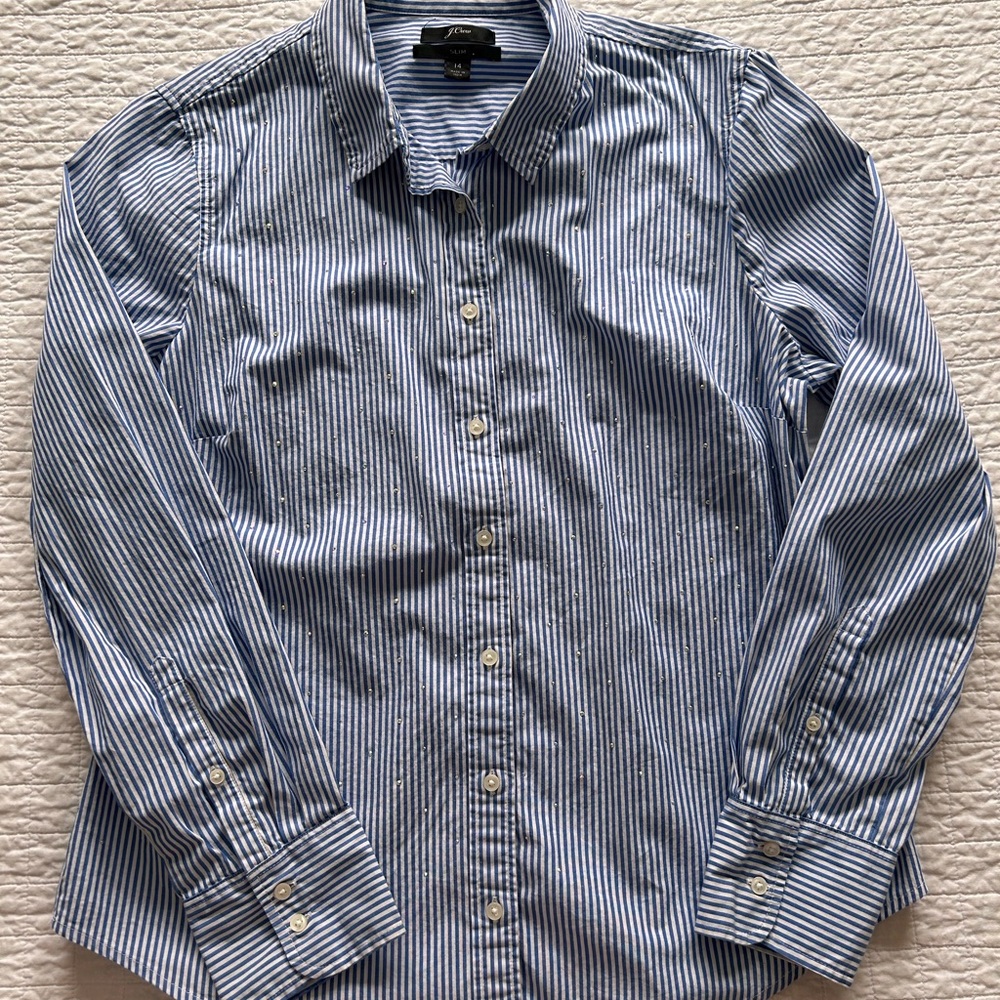 J. Crew Striped Button-Down Shirt w/ Rhinestone Accents- Blue/White